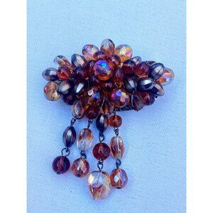 Vintage Amber Glass Beaded Dangle Brooch Pin With Aurora Borealis Finish